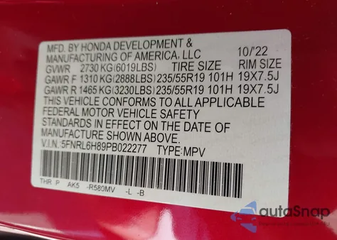 2023 Honda Odyssey Touring from USA, damaged, VIN 5FNRL6H89PB022277